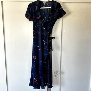 Feminine ruffle trim midi wrap dress